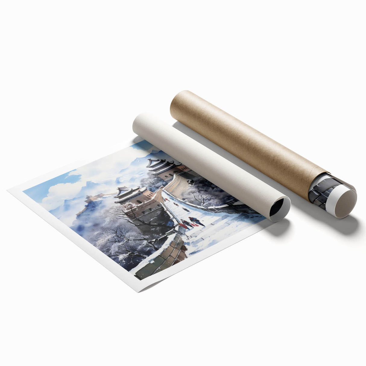 Extra large rolled print of the Great Wall of China in soft earth tones, suitable for large living room or bathroom.