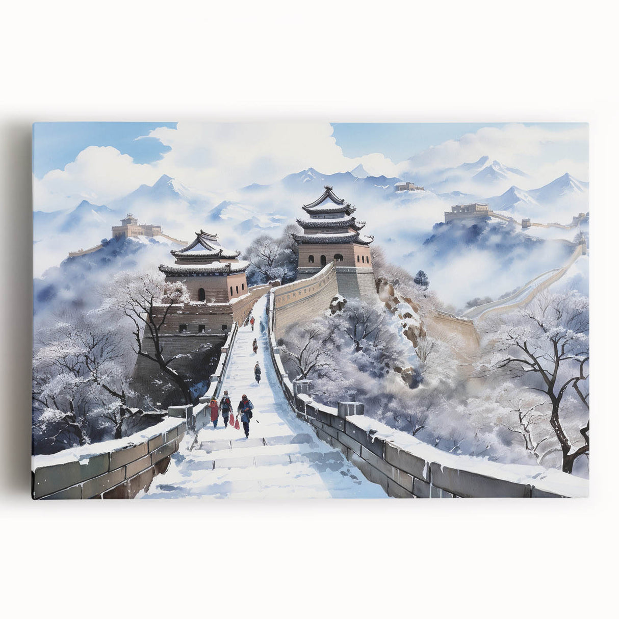 Black and white photograph of the Great Wall of China on stretched canvas, suitable for kitchen art.