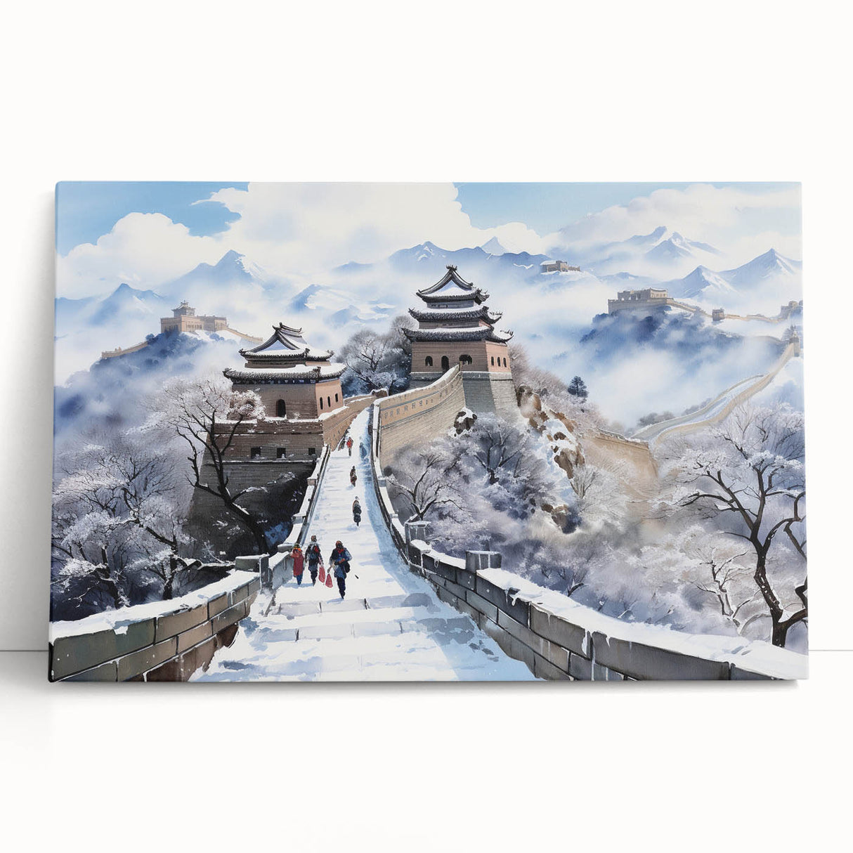 A monochrome print of the Great Wall of China on stretched canvas, suitable as kitchen wall art or for a bedroom.