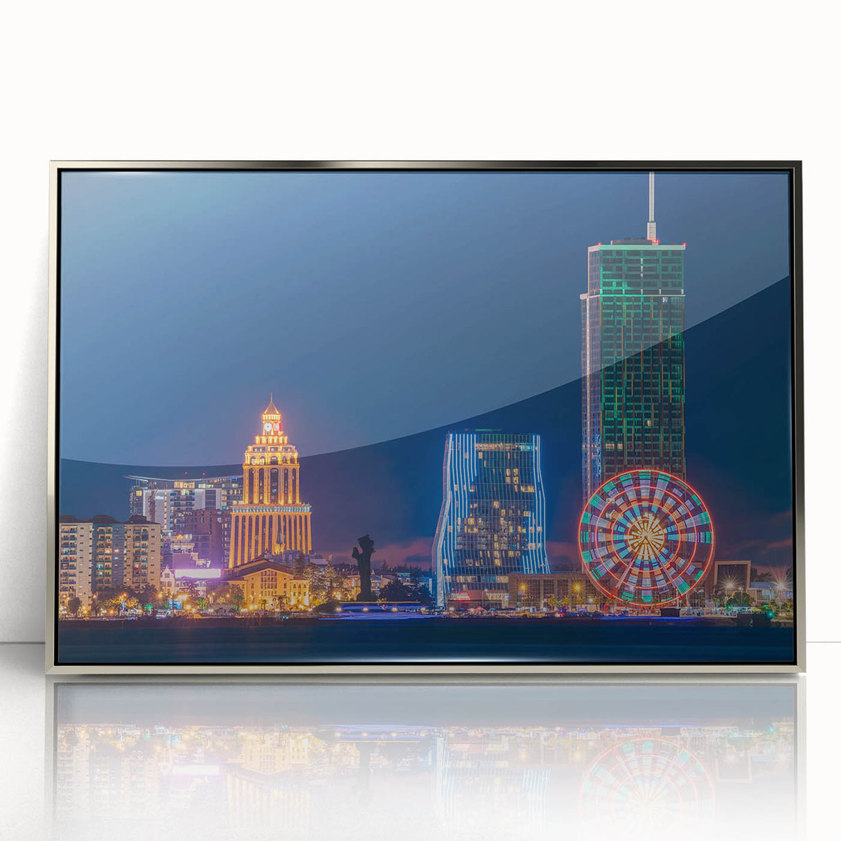 Mid-century modernist art depicting a serene Georgian landscape in muted earth tones on a silver-framed acrylic print.