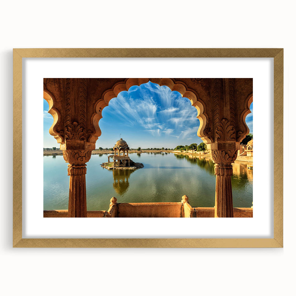 Extra large abstract art print featuring textured scenery of India in gold frame, ideal for living room decor.