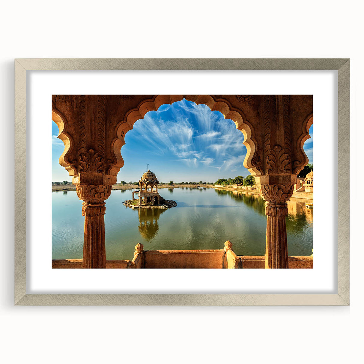 Textured abstract art print featuring a silver-framed depiction of an Asian scenery, ideal for bedroom art.