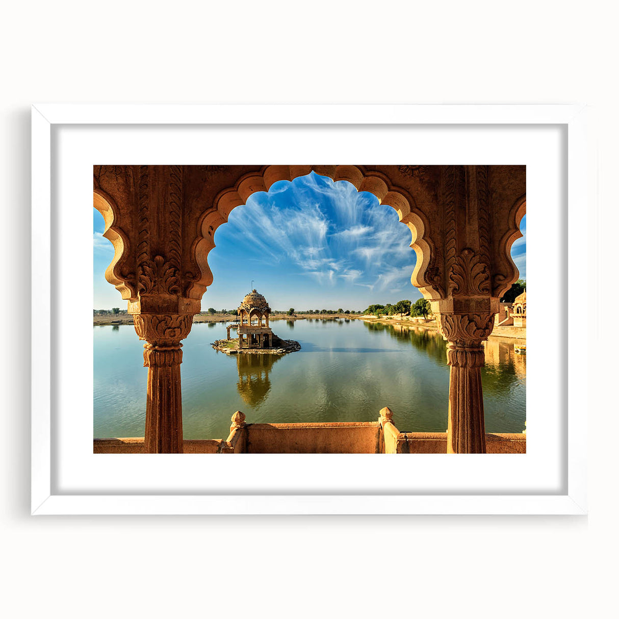 Abstract art print of an Indian landscape in earthy tones on a white matted frame, suitable for bedroom or dining room decor.