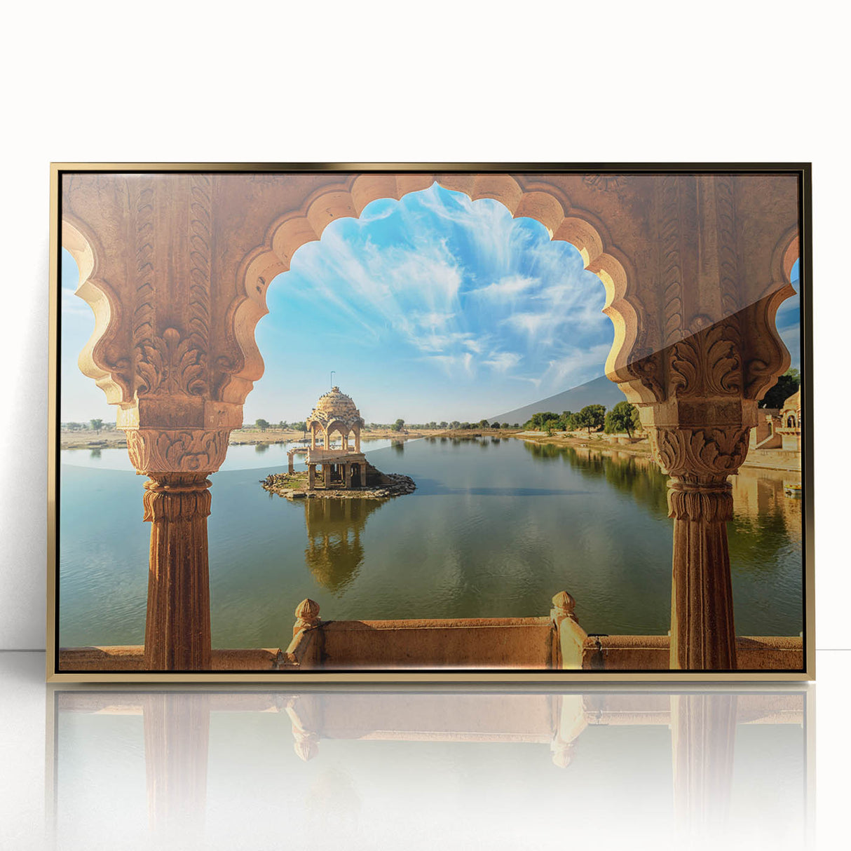 Mid-century modernist style large art print of an Indian landscape in gold tones on framed acrylic.