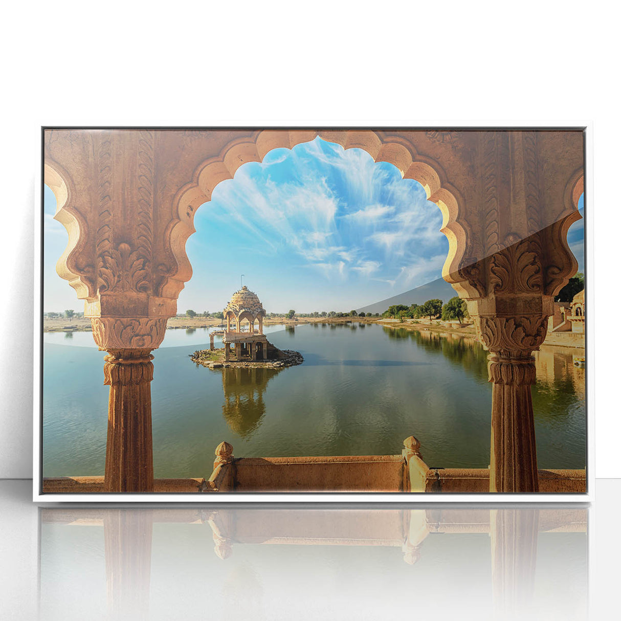 Art deco poster featuring a serene Indian landscape in muted earth tones, acrylic print framed in white.