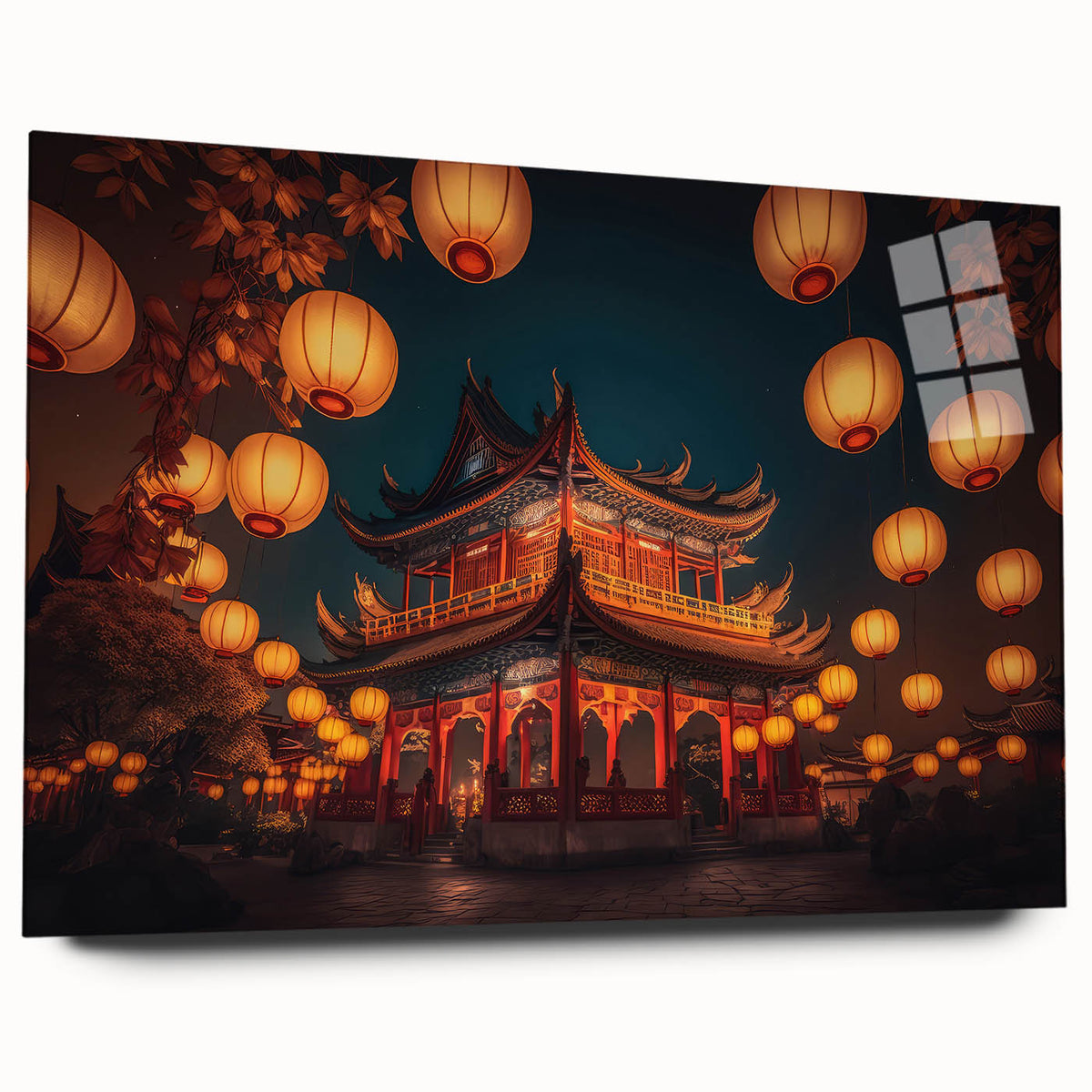 Acrylic print of a Japanese Kyoto landscape in muted earth tones, ideal for bedroom or dining room art.