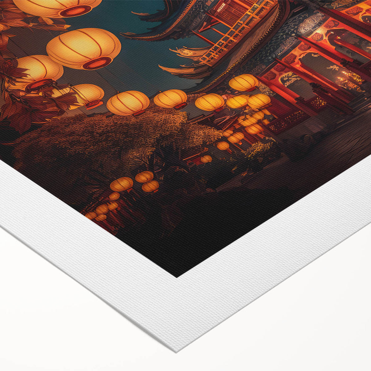 Art deco poster featuring a serene Kyoto landscape in muted green and beige tones on rolled canvas.