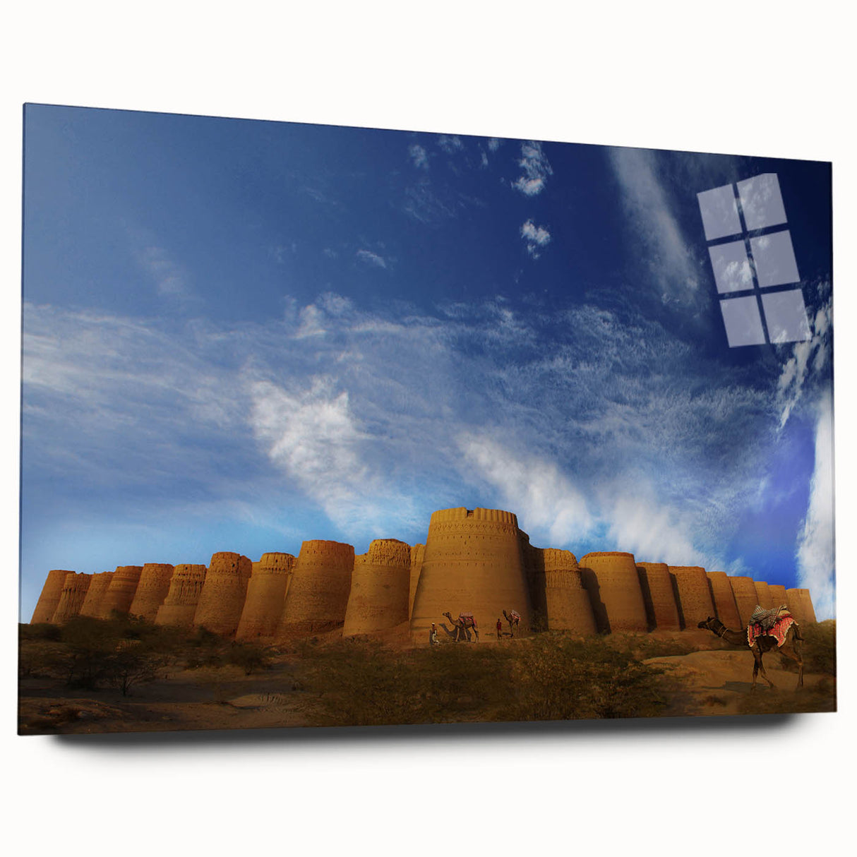 Large abstract wall art featuring a serene Pakistani landscape in muted earth tones on acrylic glass.