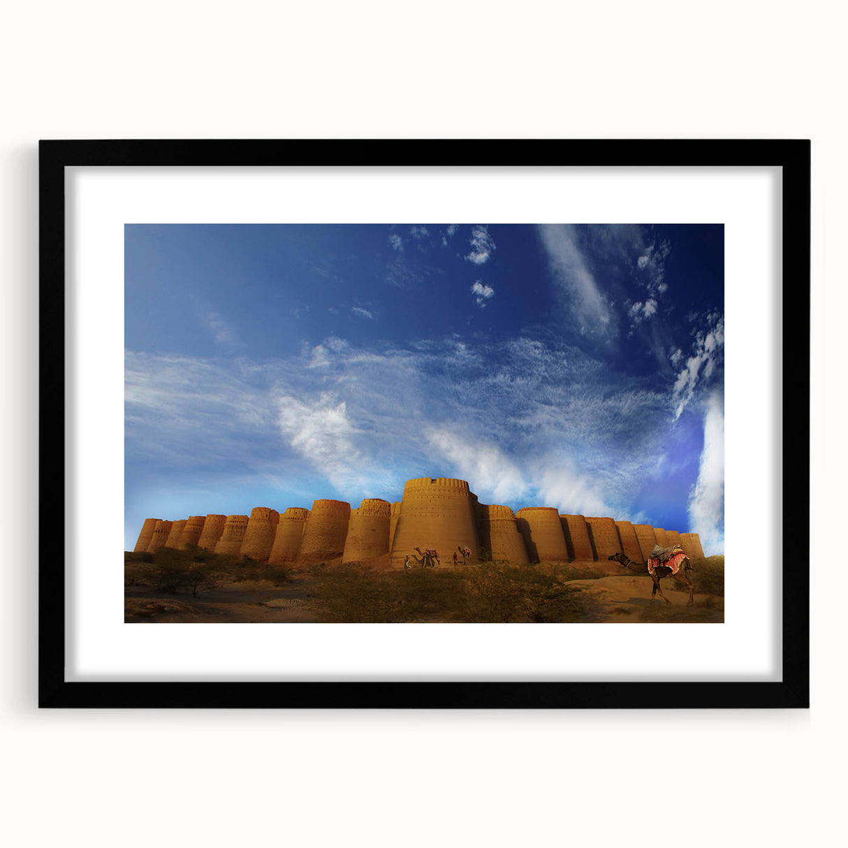 Extra large abstract art print depicting a colorful, textured scenery of Pakistan, framed in black.