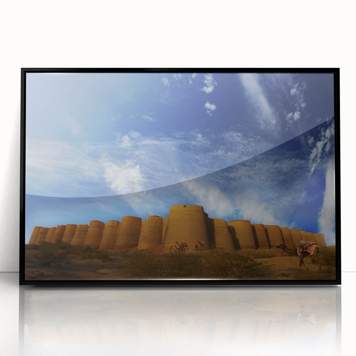 Large abstract wall art depicting a serene Pakistani landscape in muted earth tones, framed in black acrylic.