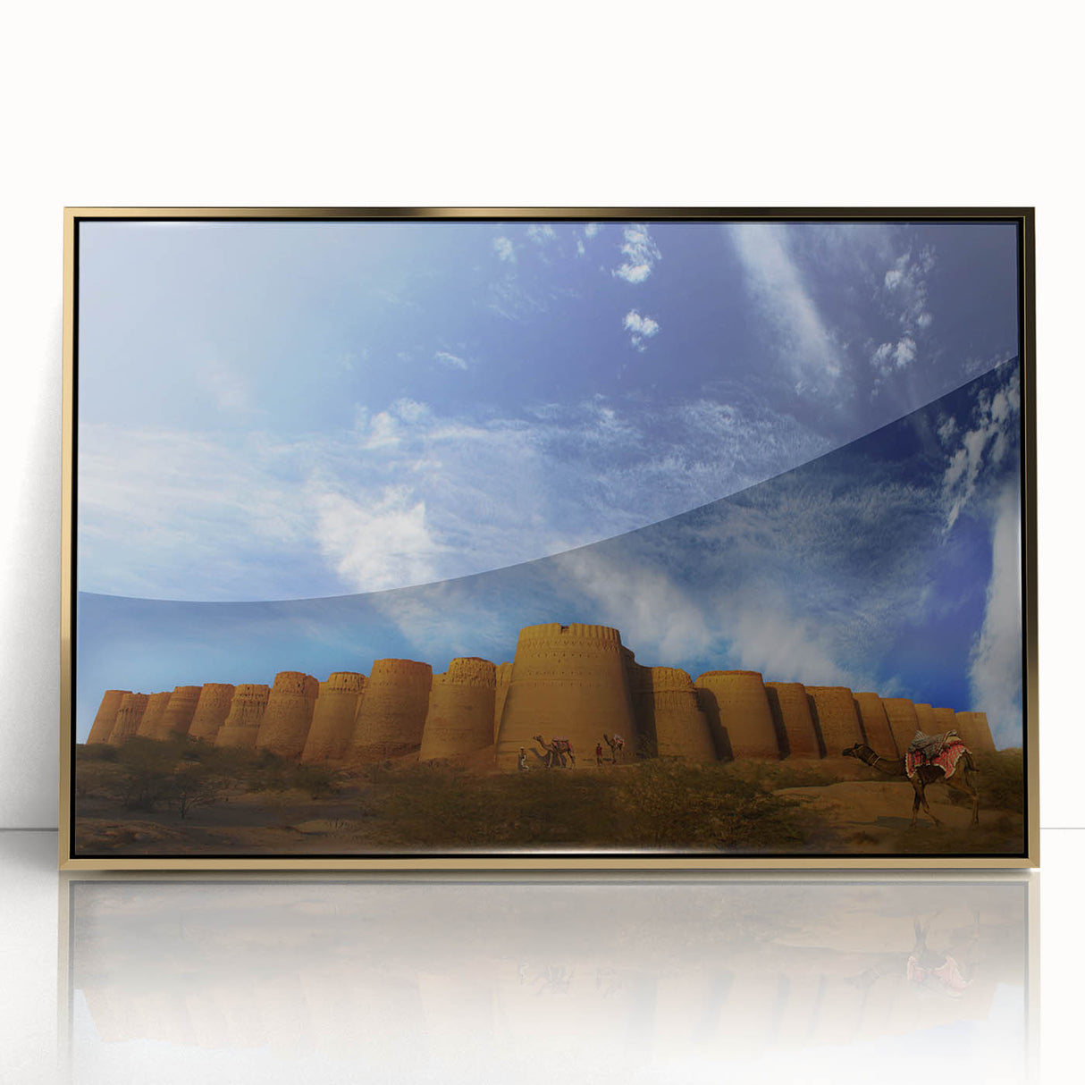 Framed acrylic print of a serene Pakistani landscape in soft gold and green tones, ideal for modern art wall decor.