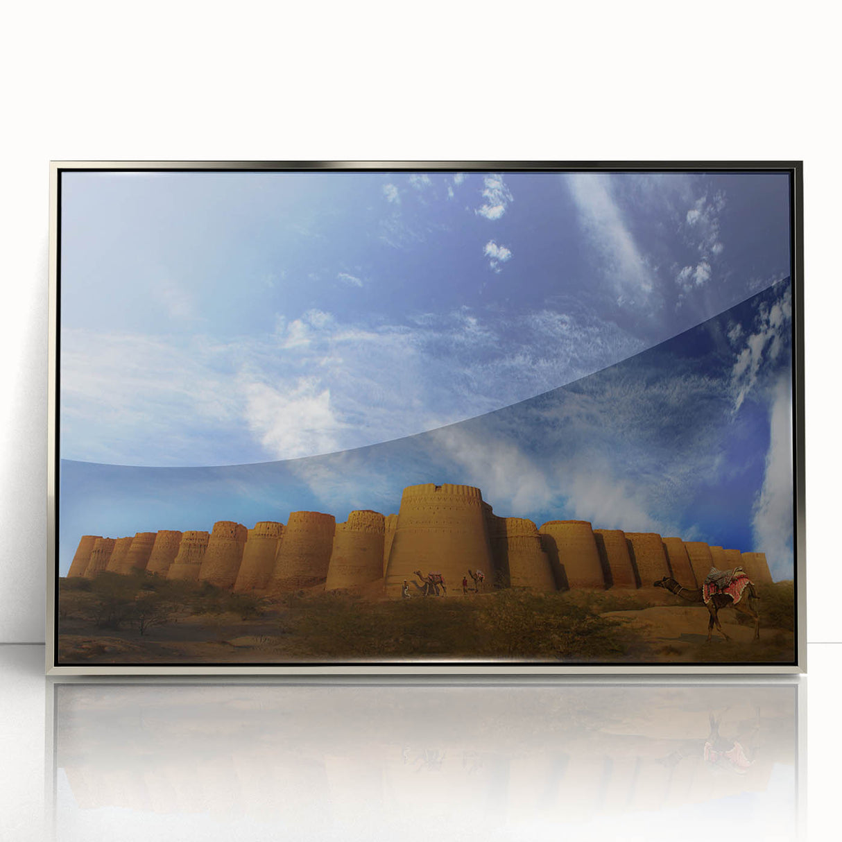 Mid-century modernist art depicting a serene Pakistani landscape in soft earth tones on a silver-framed acrylic print.