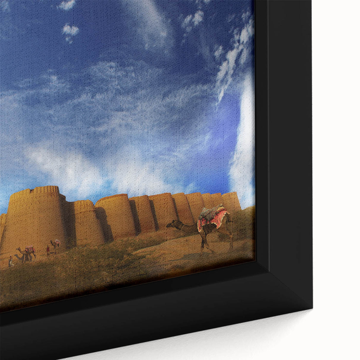 Textured black wall art featuring a vibrant, colorful Asian landscape on a large framed canvas, ideal for living room decor.
