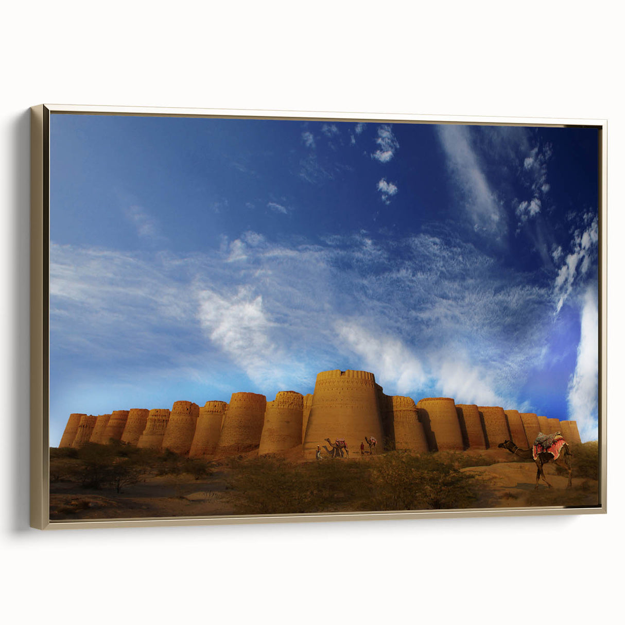 Framed canvas depicting a vintage-style landscape of Pakistan in muted gold and black tones, ideal for bedroom wall decor.