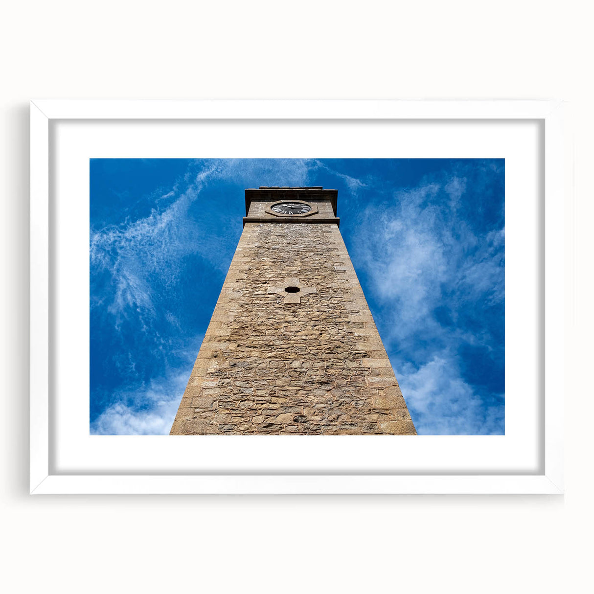 Abstract art print of a Sri Lankan landscape in muted green and blue tones on a framed white mat.