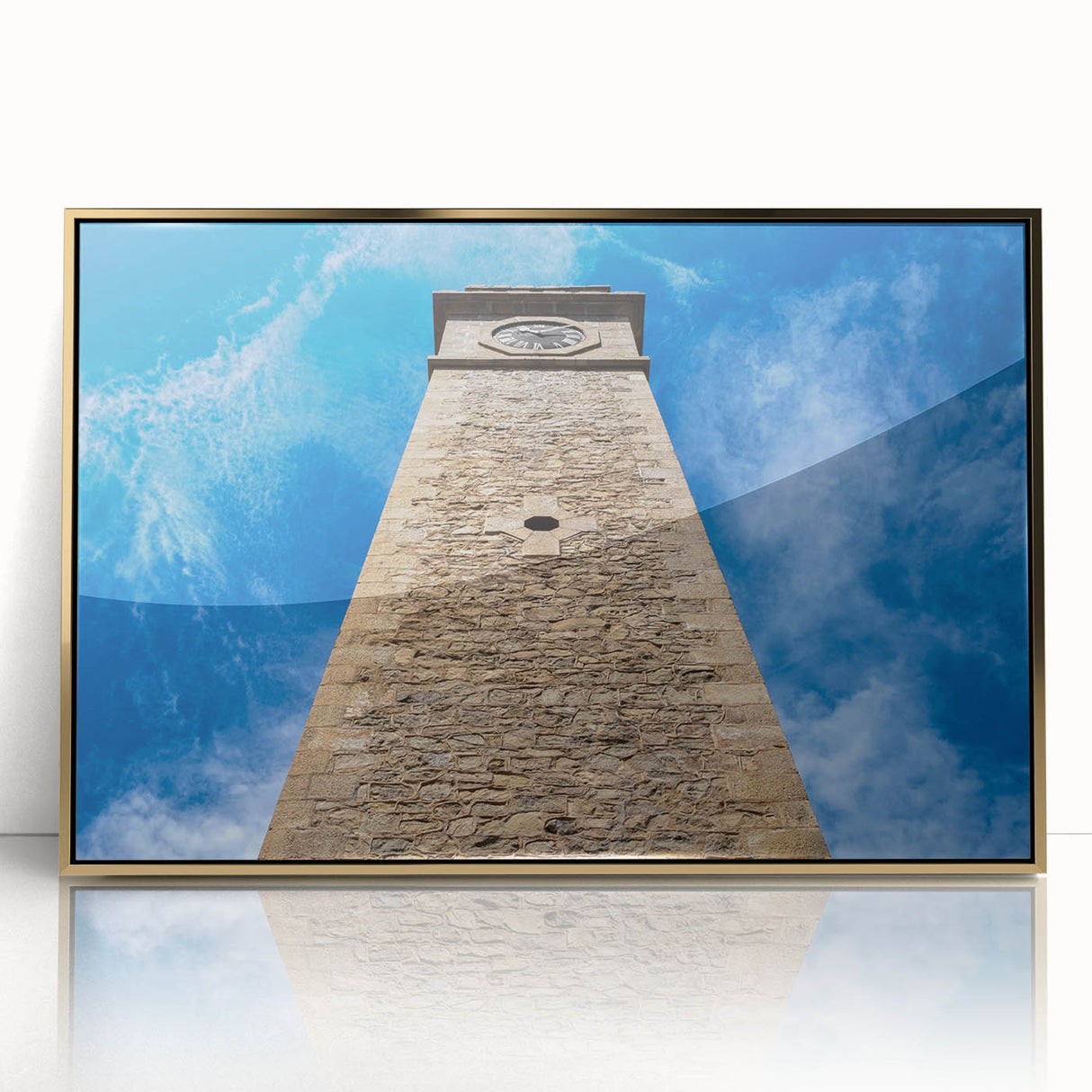 Acrylic print of a Sri Lankan landscape in gold frame, featuring mid-century modernist style.