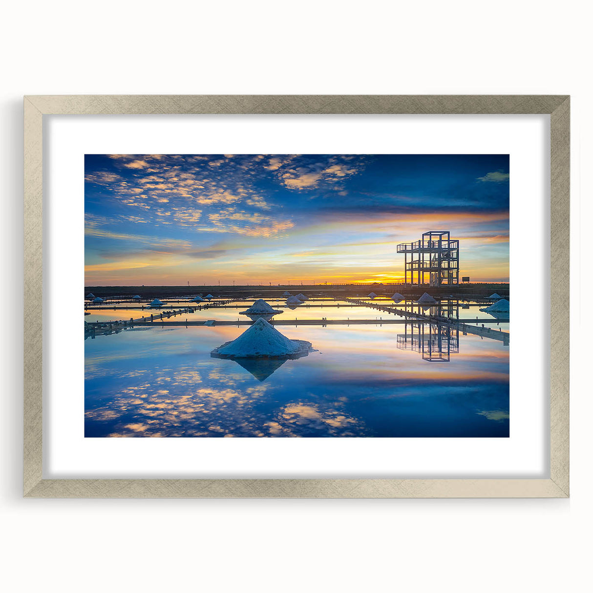 Textured abstract art print depicting a serene Taiwanese landscape in muted earth tones, framed in silver.