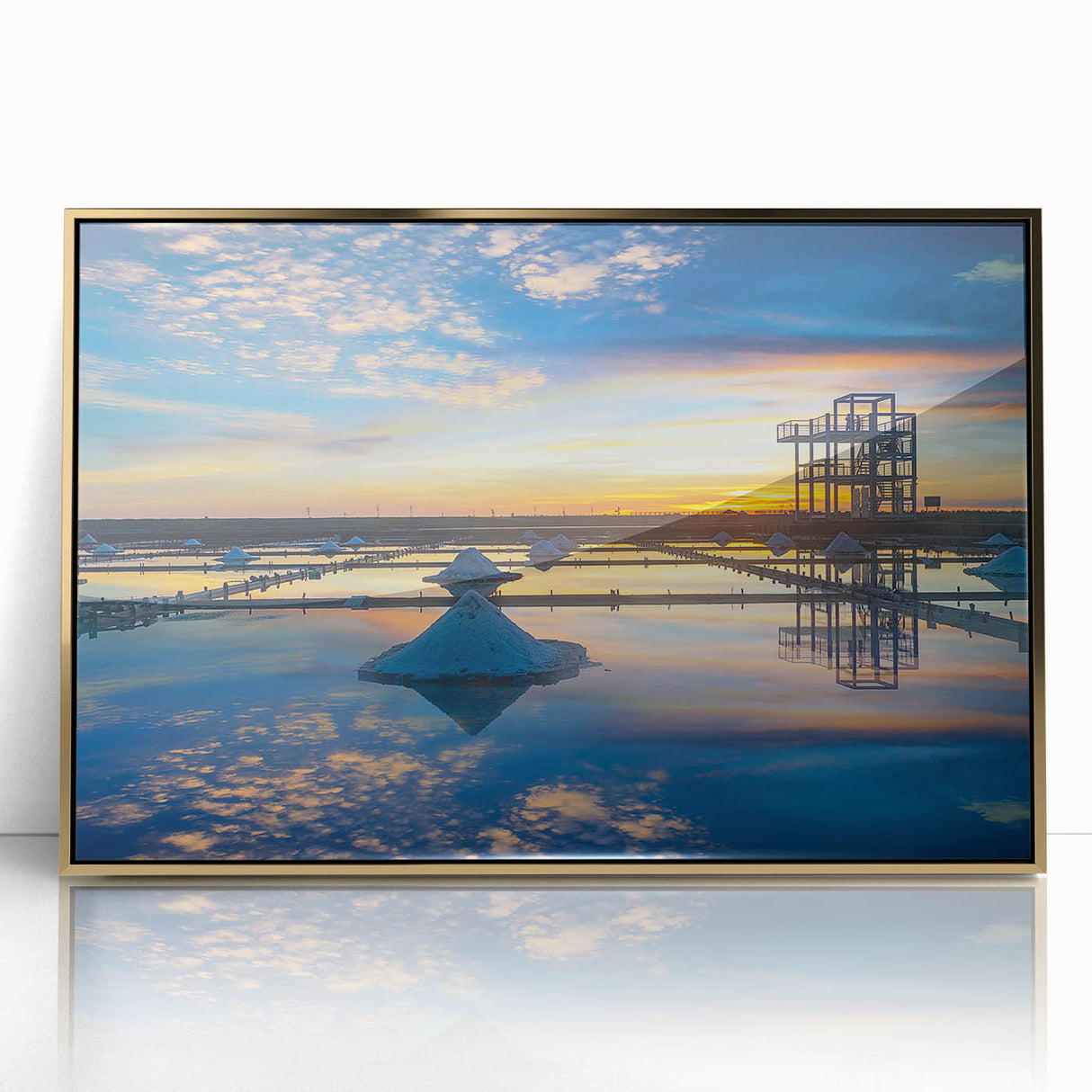 Framed acrylic print of a Taiwanese landscape in mid-century modernist style, featuring muted earth tones.