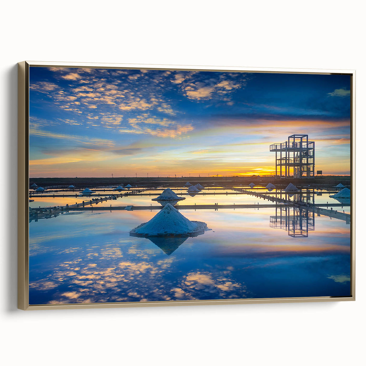 Framed canvas landscape painting of Taiwan scenery in muted gold and black tones, suitable for bedroom wall art.