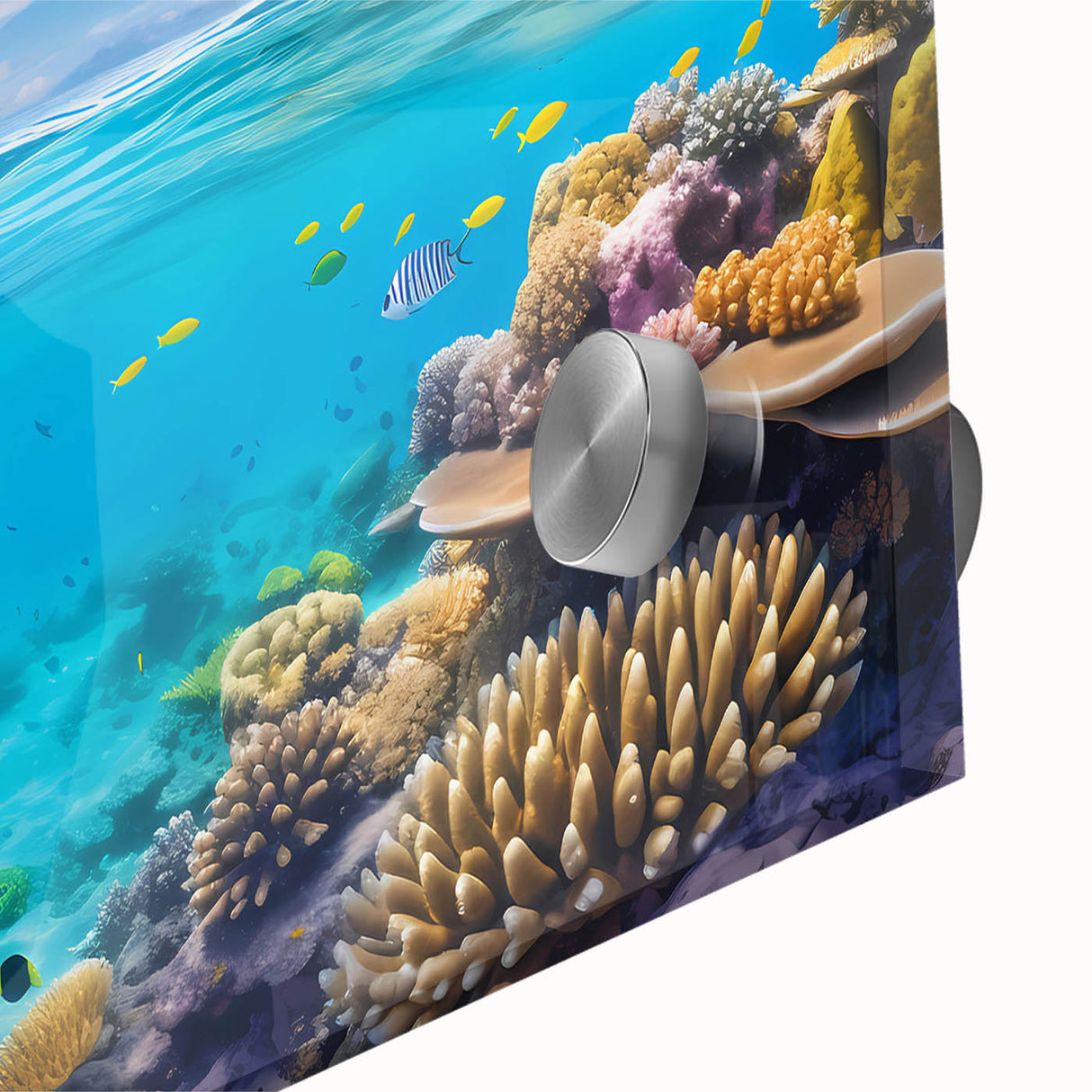 Acrylic print of the Great Barrier Reef in large abstract style with vibrant ocean blues, ideal for dining room art.