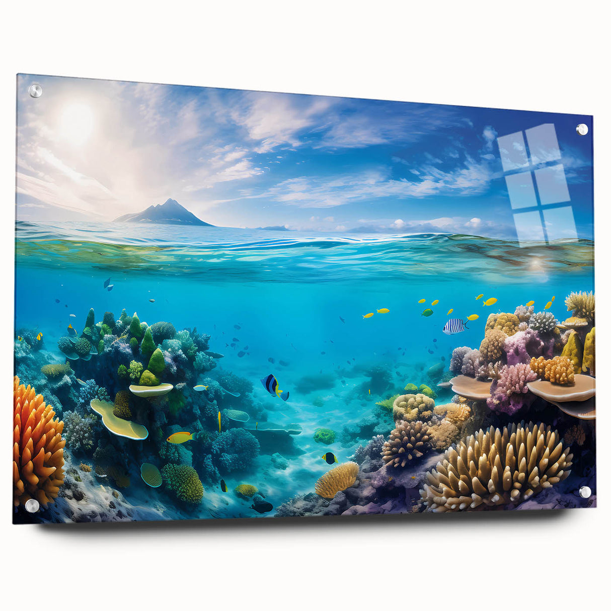 Acrylic print of the Great Barrier Reef with vivid blue and green tones, ideal for dining room decor.
