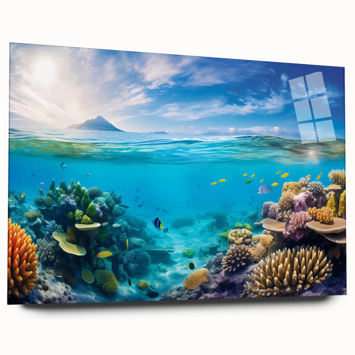 Acrylic print of the Great Barrier Reef in vibrant blue and green tones, suitable for bedroom or dining room art.