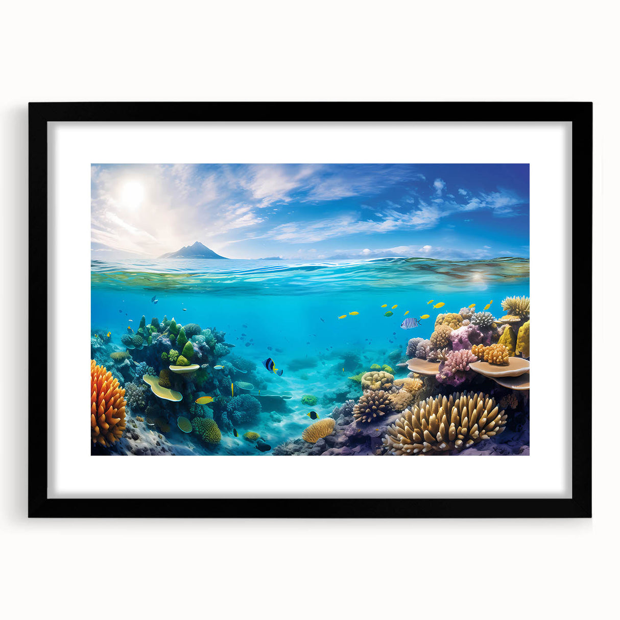 Extra large, textured abstract art print of the Great Barrier Reef in vibrant blue and green tones on a framed canvas.