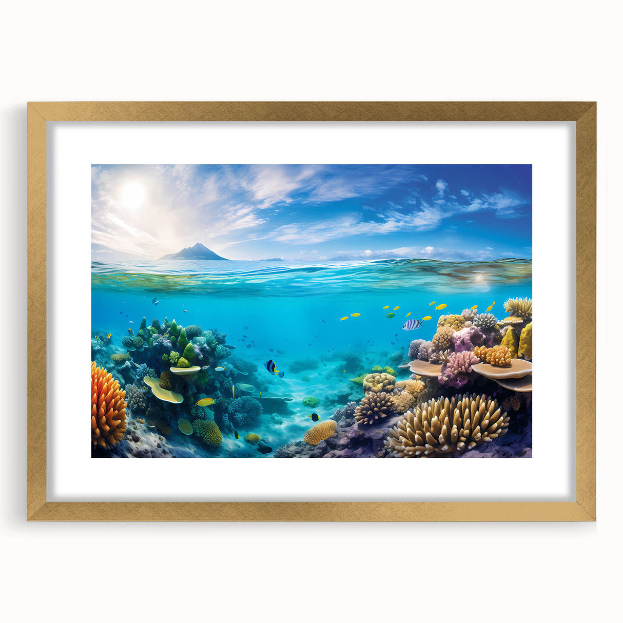 Textured art print of the Great Barrier Reef in abstract style, featuring blue and green hues on a framed gold mat.