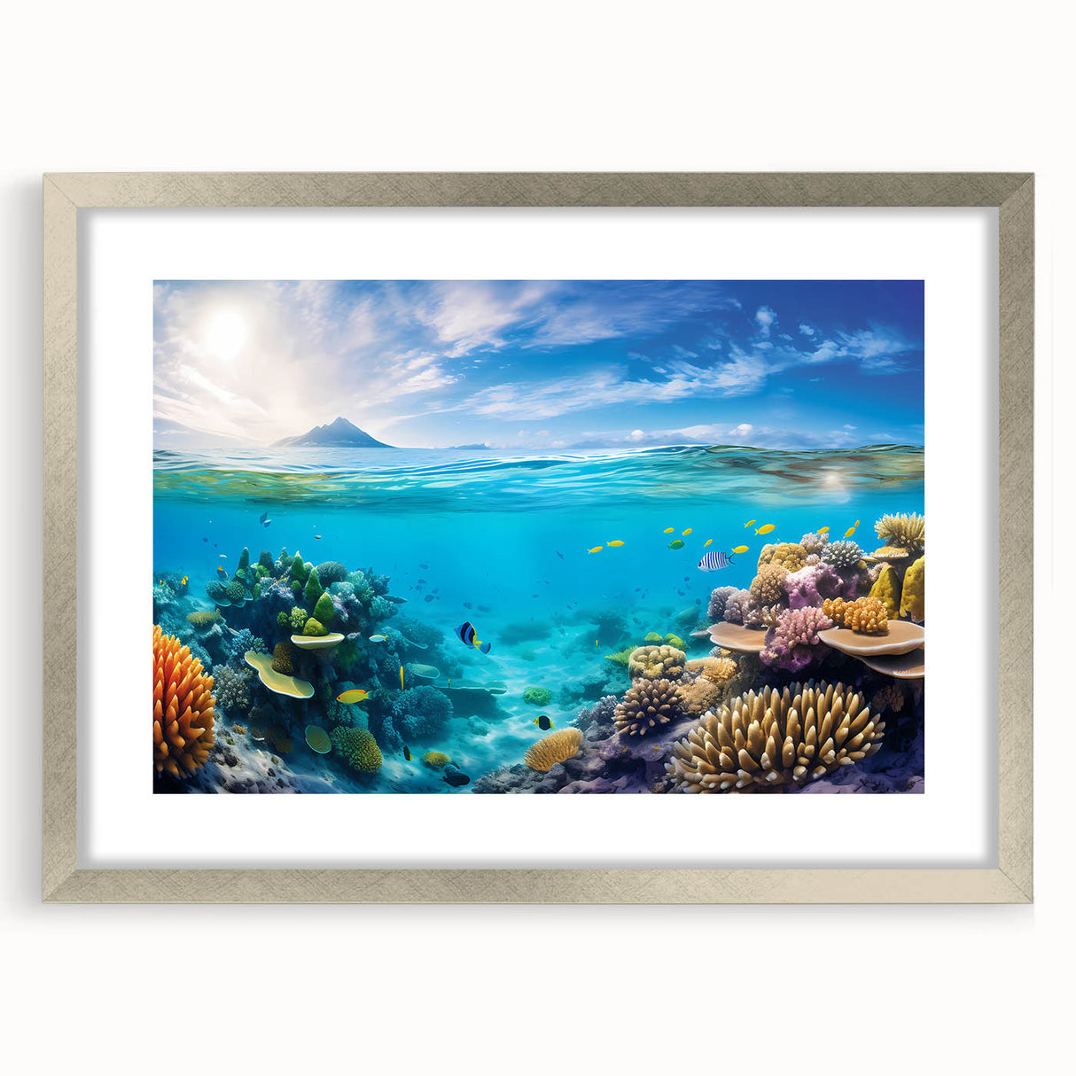 Abstract art print of the Great Barrier Reef in muted blue and green tones on a framed silver mat.