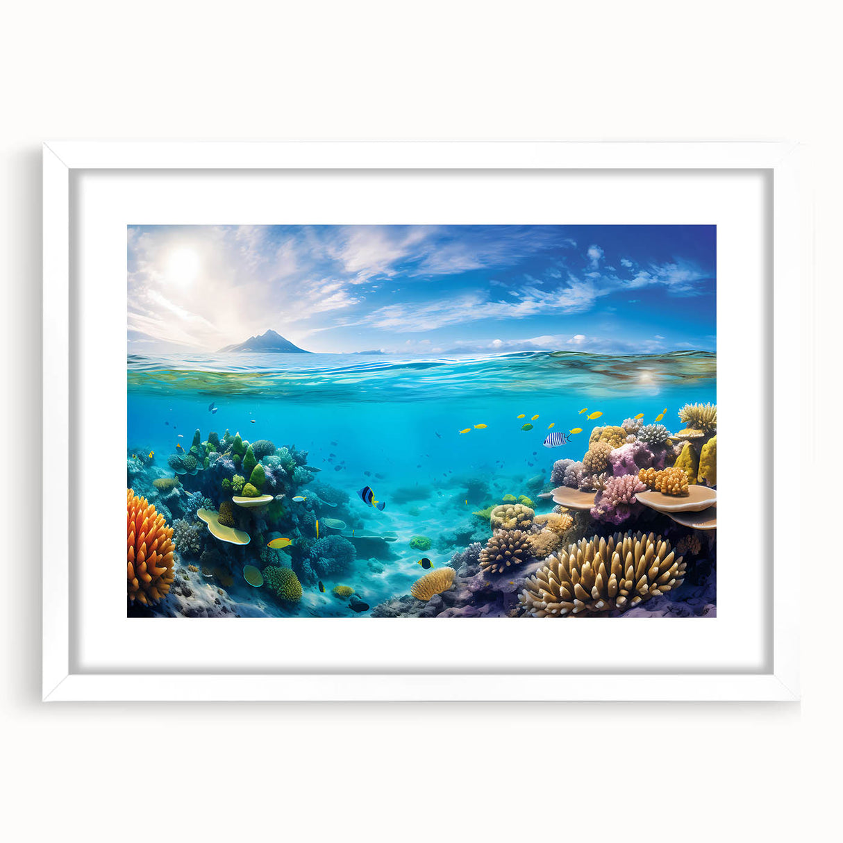 Extra large abstract art print of the Great Barrier Reef in textured blues and greens, framed with a white mat.