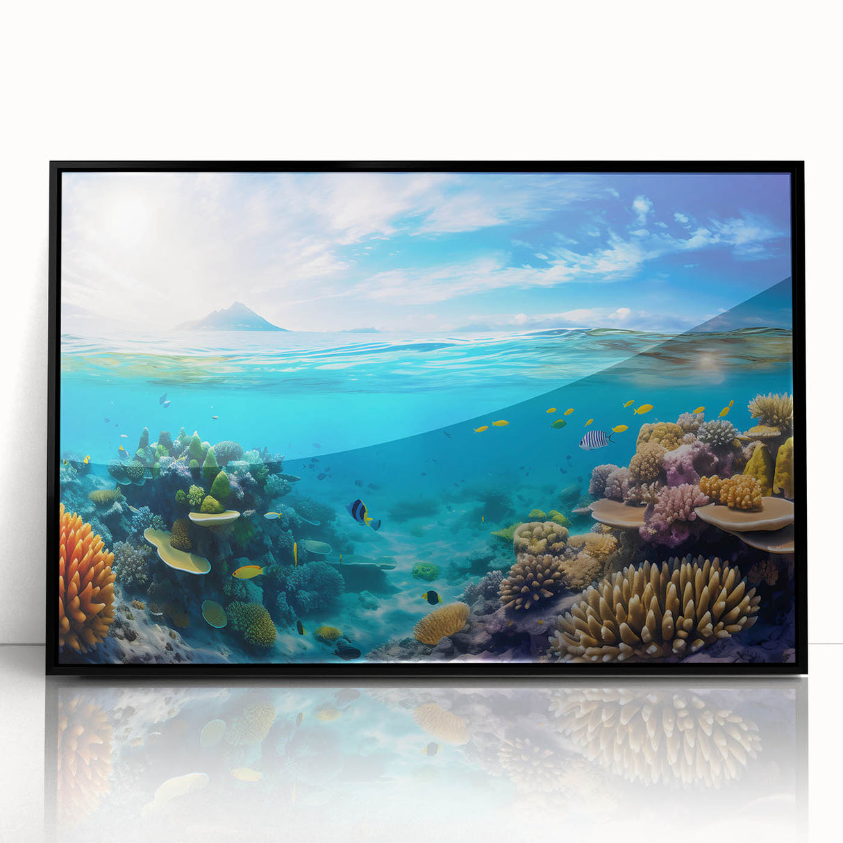 Large abstract wall art depicting the Great Barrier Reef, in vibrant blue and green tones on a framed acrylic.