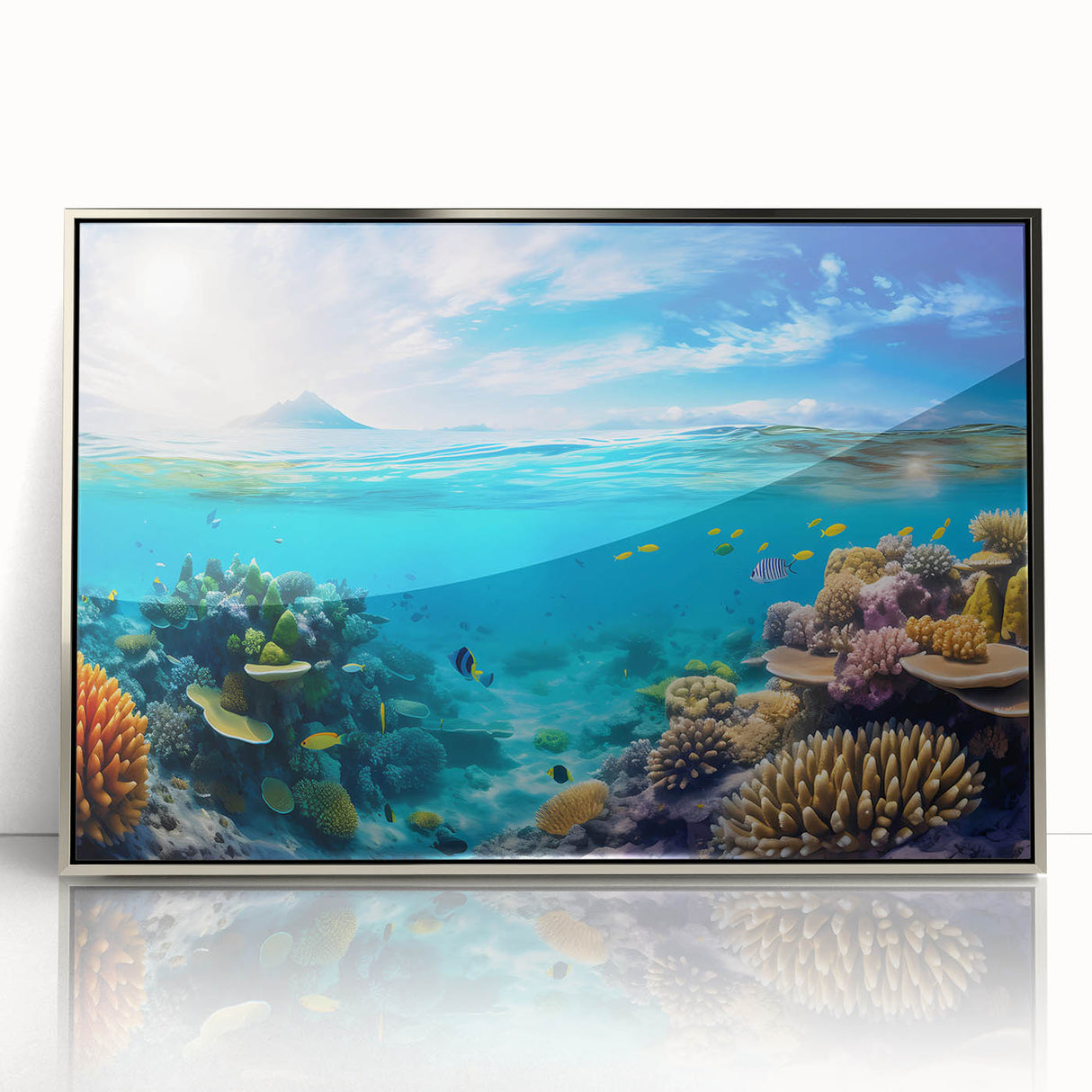 Acrylic print of the Great Barrier Reef in vibrant blue and green tones, framed in silver, ideal for modern art wall decor.
