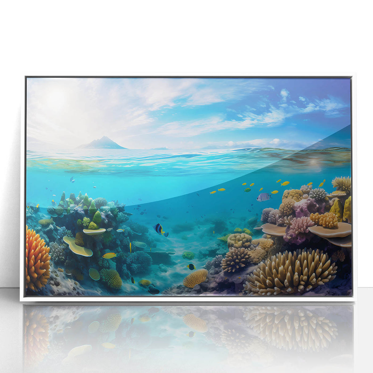 Large art print of the Great Barrier Reef on a white framed acrylic, featuring blue and green tones.