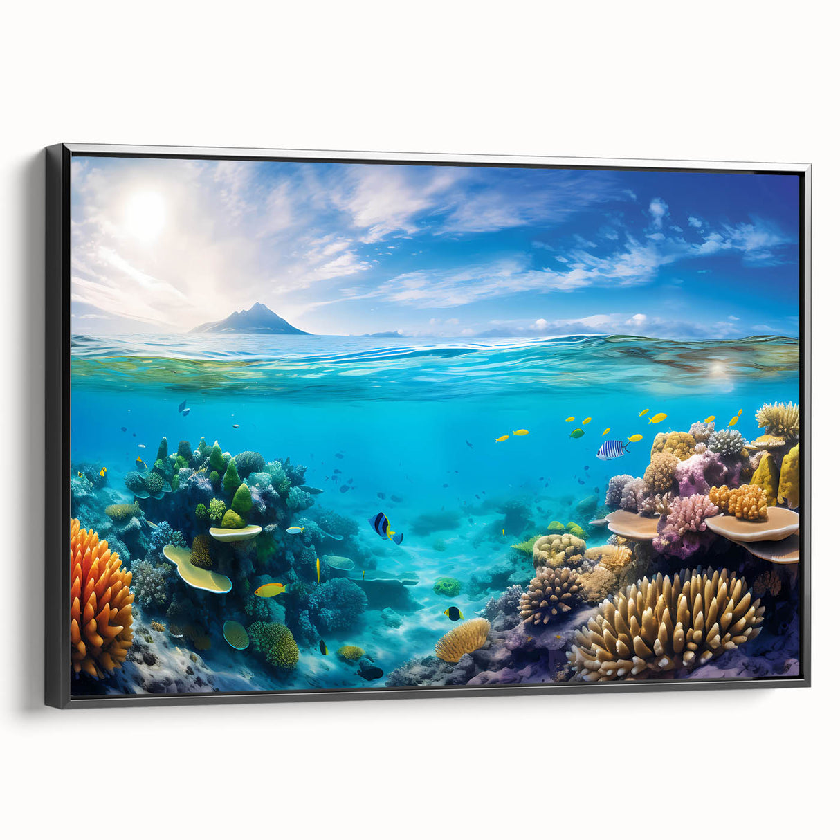 Black and white framed canvas of the Great Barrier Reef, ideal for bedroom wall art with a vintage poster style.