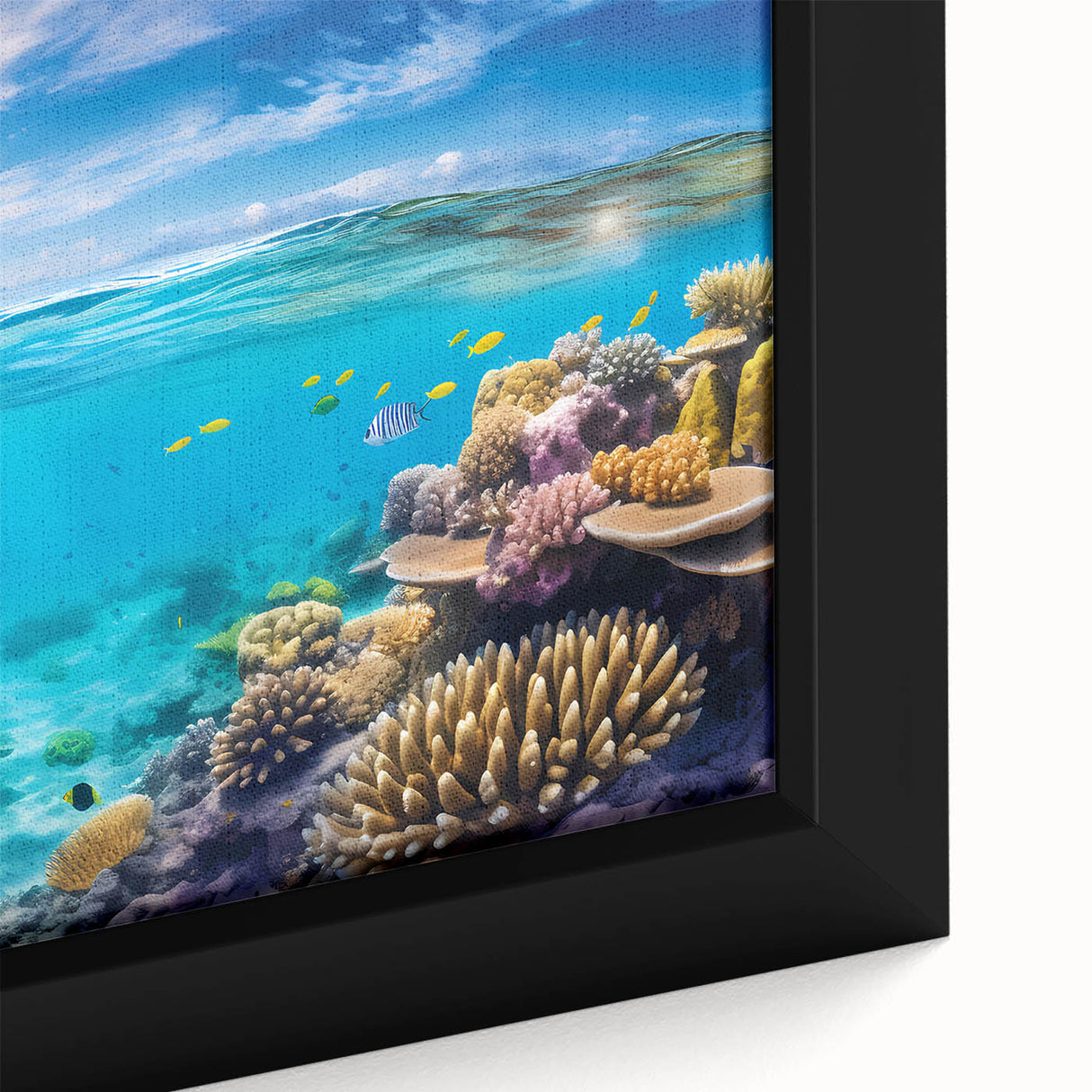 Extra large framed canvas featuring a textured depiction of the Great Barrier Reef in vibrant, colorful art.