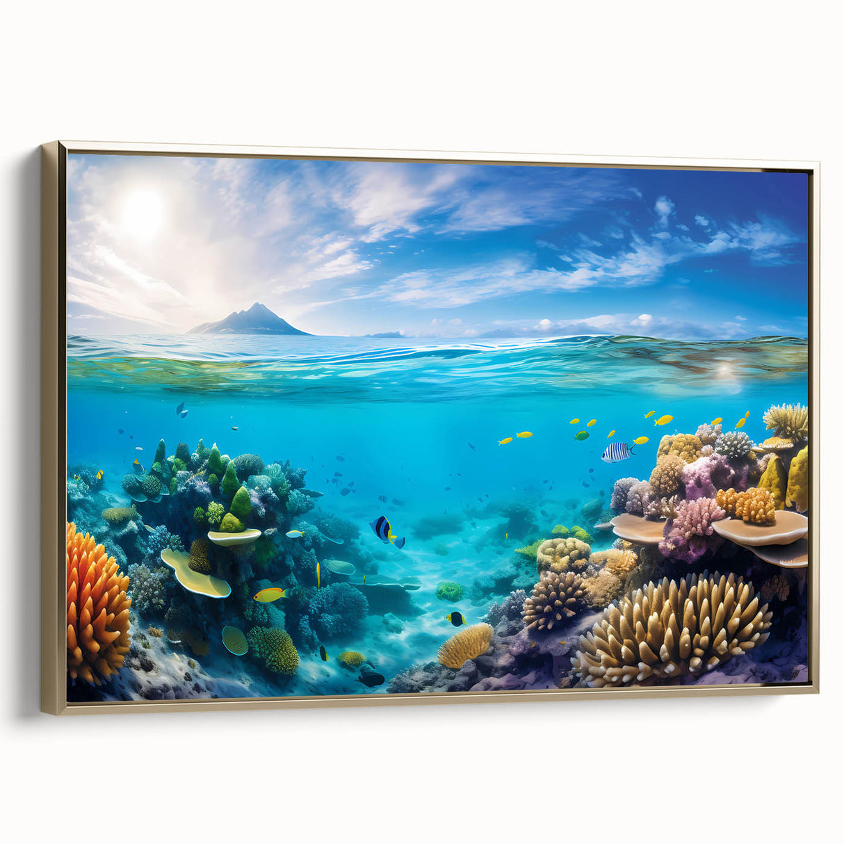 Framed canvas featuring a landscape art painting of the Great Barrier Reef in vibrant blues and greens.