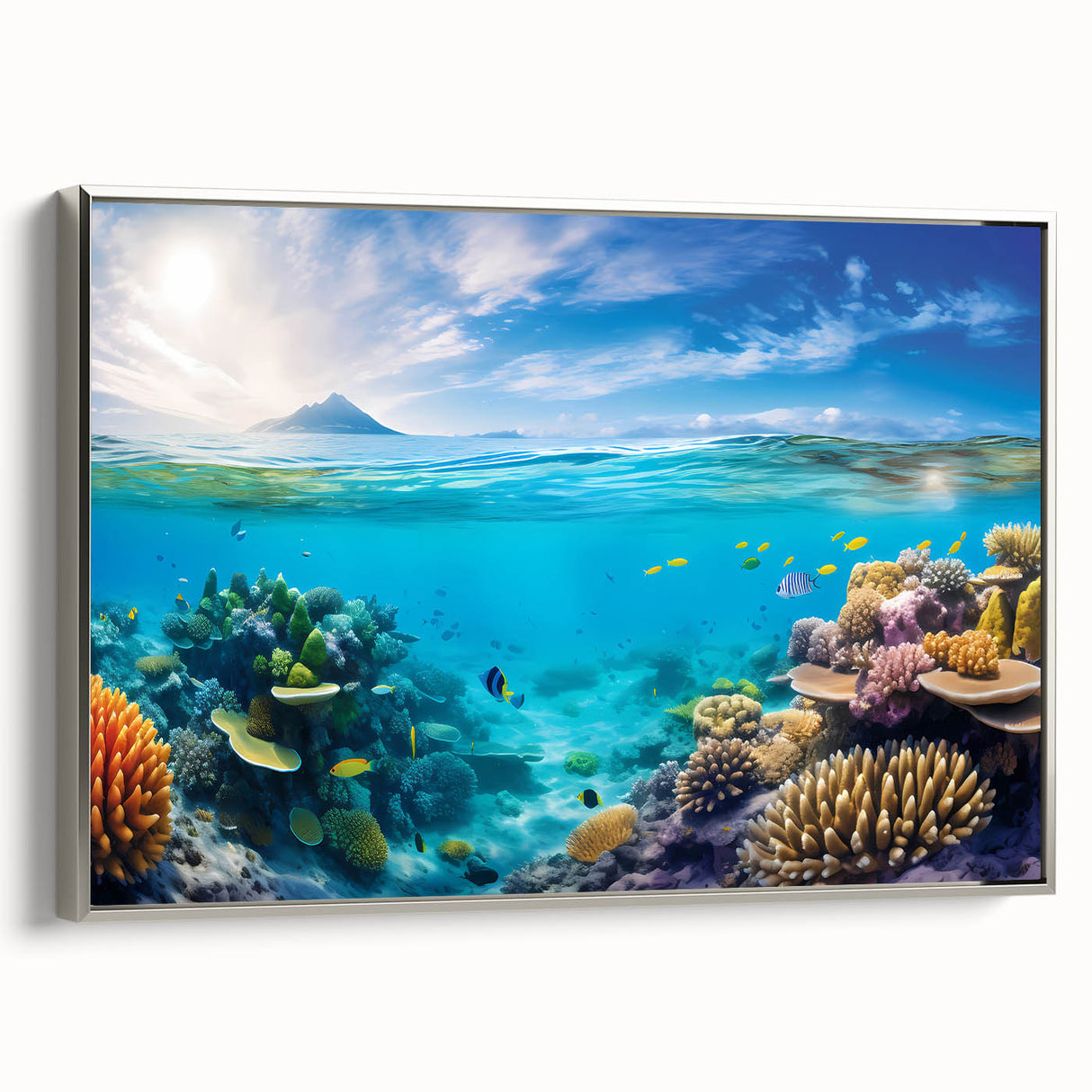 Vintage poster art of the Great Barrier Reef on a framed canvas, featuring vibrant marine colors.