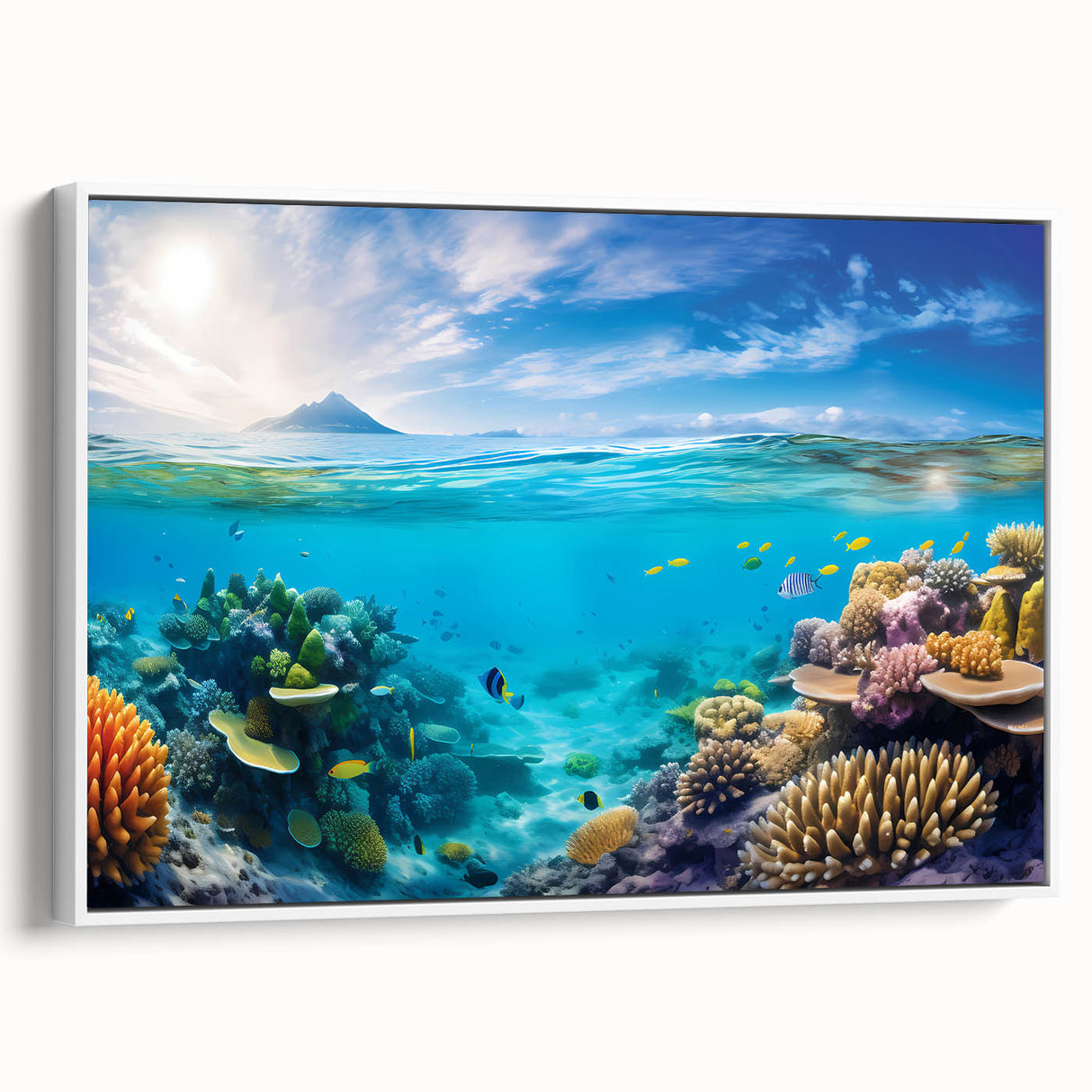 Framed canvas wall art depicting the Great Barrier Reef in a vintage poster style, ideal for bedroom decor.
