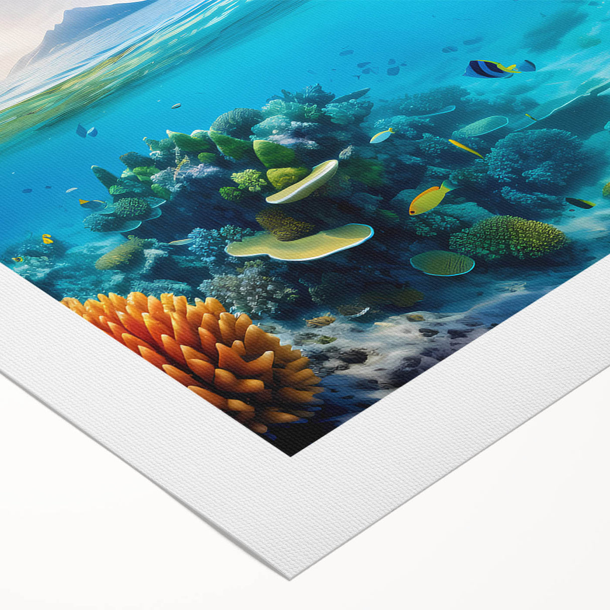 Art deco poster of the Great Barrier Reef in vibrant blue and green tones on rolled canvas, suitable for dining room decor.