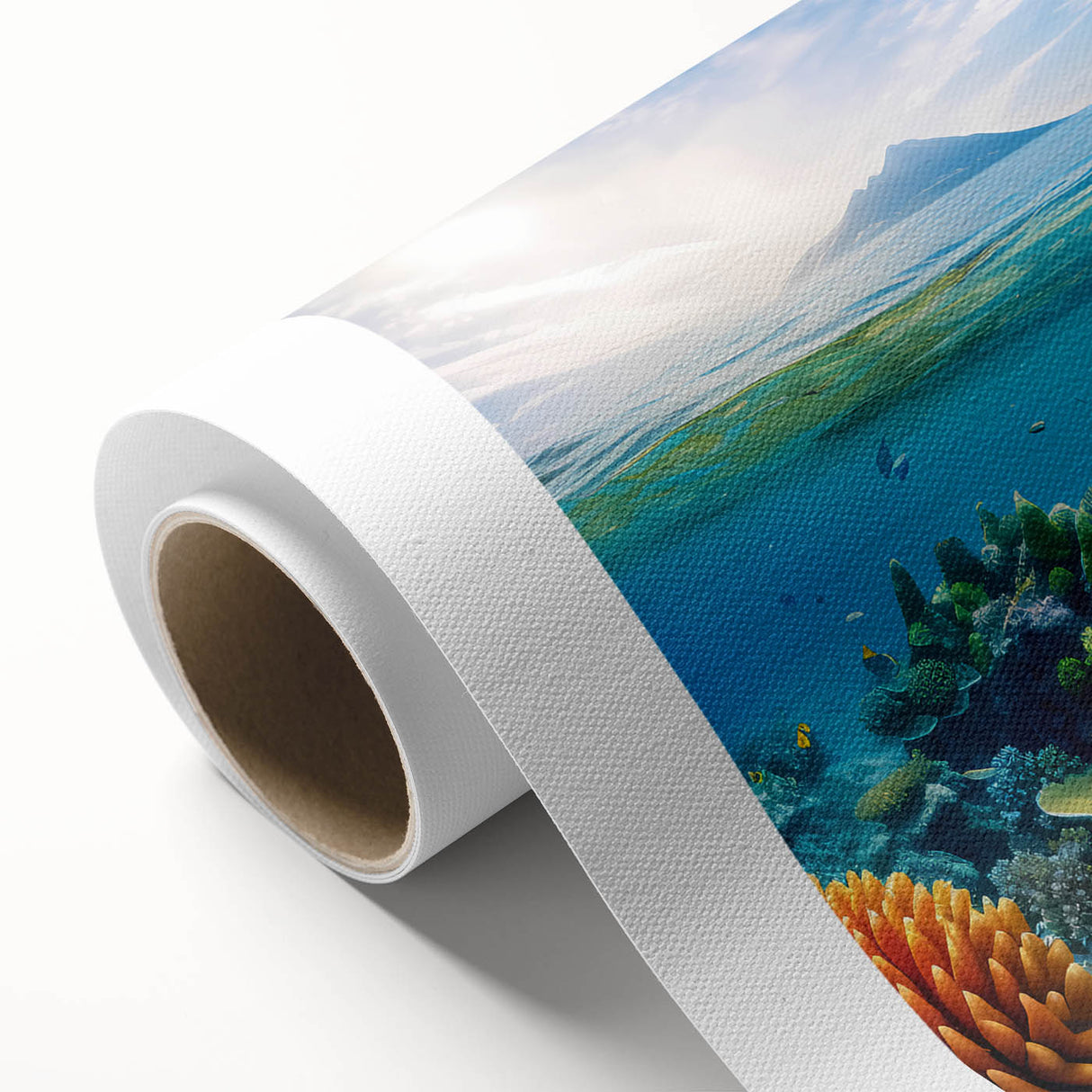 Art deco poster of the Great Barrier Reef in pastel blue and green tones on rolled canvas, suitable for nursery wall art.