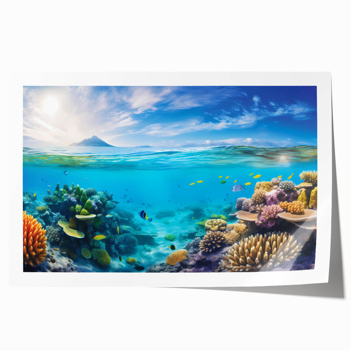 Extra large rolled print of the Great Barrier Reef in vibrant blues and greens, ideal for art wall dining room.