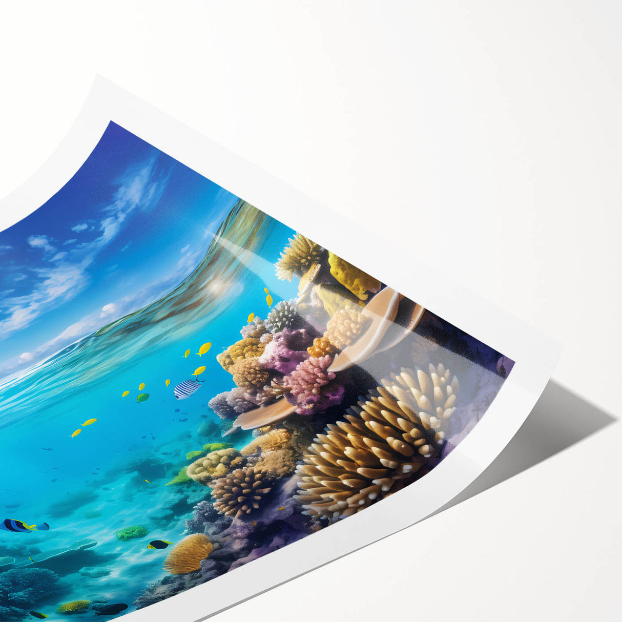 Extra large wall art of the Great Barrier Reef in line art style, featuring muted blue and green tones on rolled canvas.