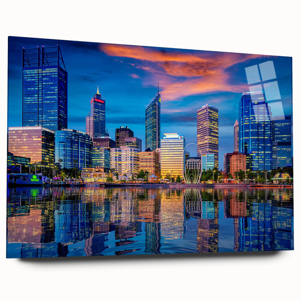 Large abstract wall art of Perth scenery in muted blue and green shades on acrylic glass.