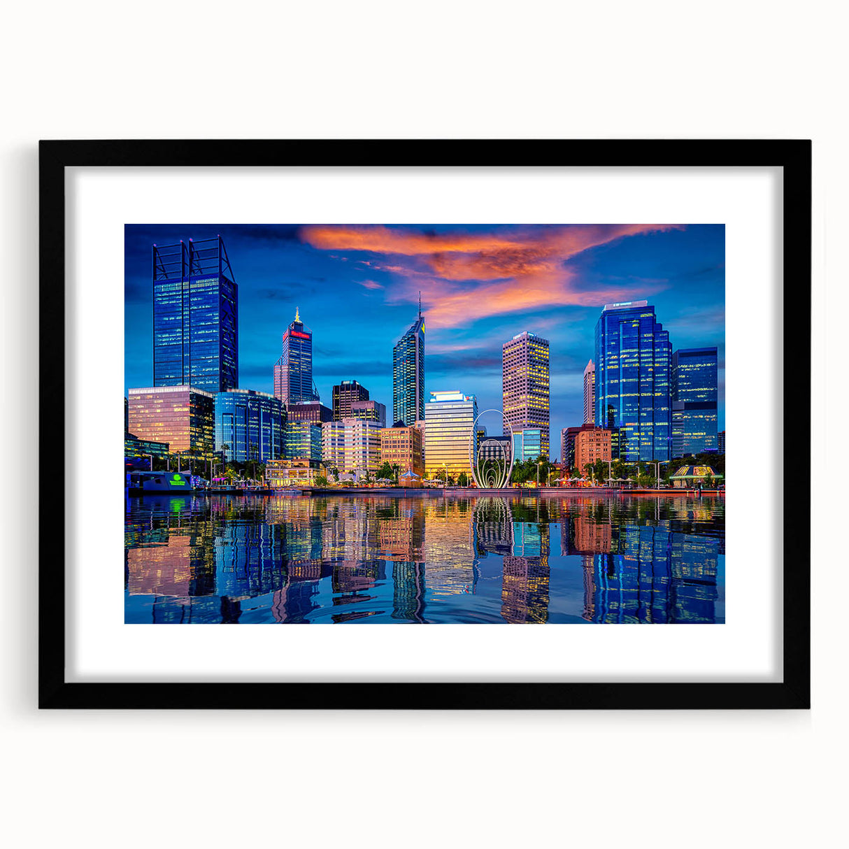 Extra large abstract art print depicting a colorful, textured Perth scenery on a black framed canvas.
