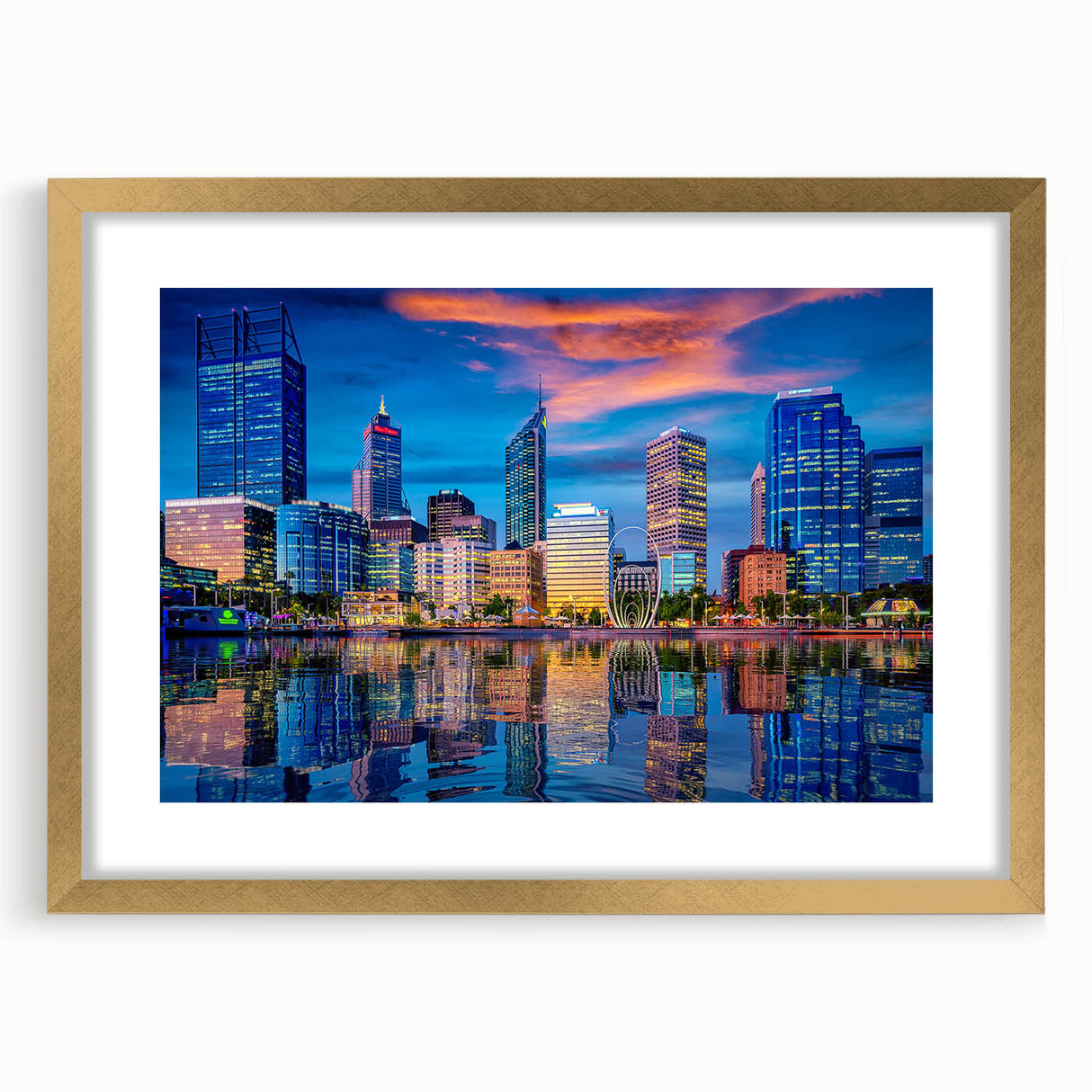 Textured abstract art print of Perth scenery in muted earth tones, framed in gold, ideal for bedroom art.