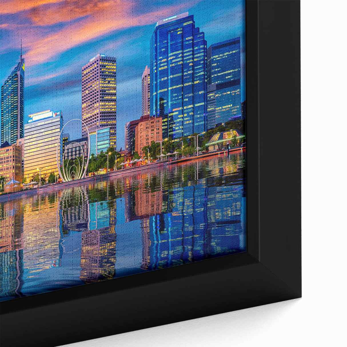 Extra large framed canvas of a textured, colorful Perth skyline in black and vibrant hues, ideal for living room decor.