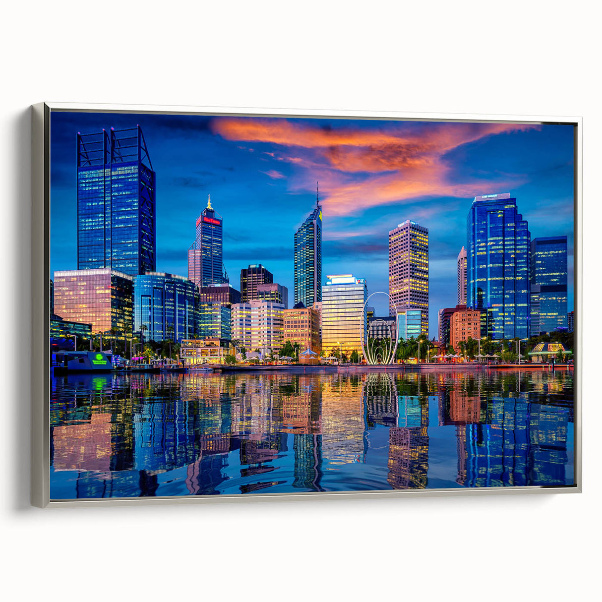 Vintage poster art of Perth skyline in vibrant colors on a silver-framed canvas, ideal for living room decor.