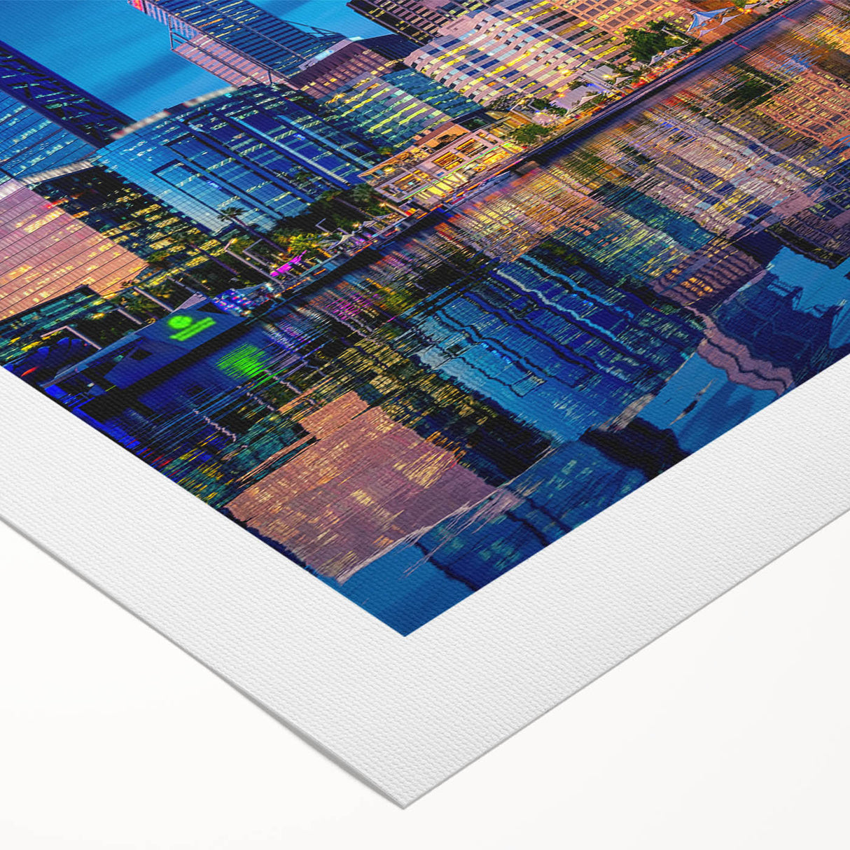 Art deco poster of Perth skyline in muted metallic hues on rolled canvas, suitable for dining room wall art.