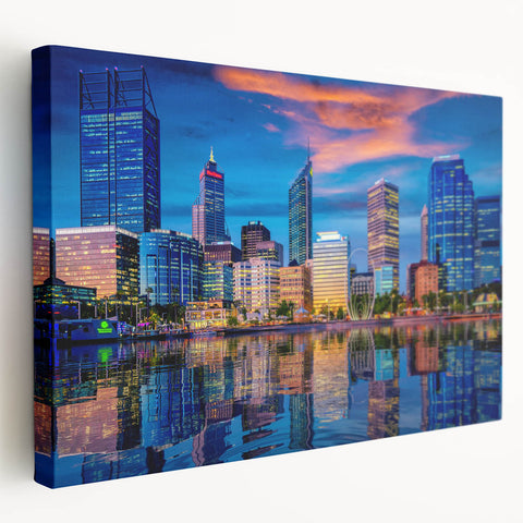 Large canvas print of Perth, Australia skyline in muted blue tones, ideal for kitchen wall art.