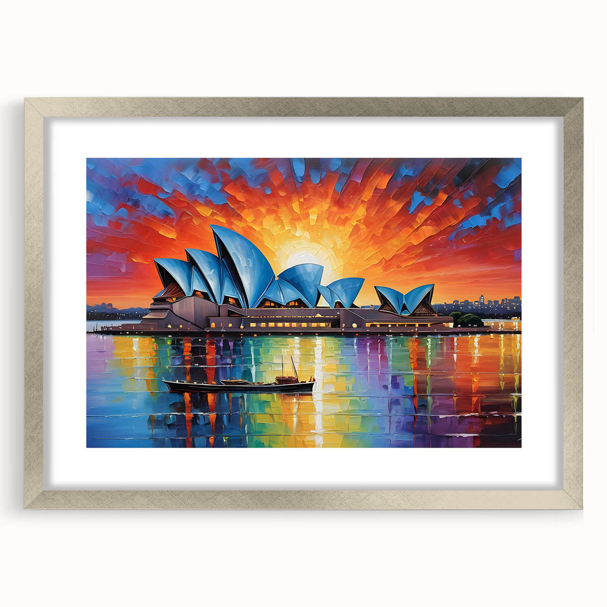 Extra large abstract art print of Sydney scenery in muted blues and greens, framed in silver, ideal for living room decor.